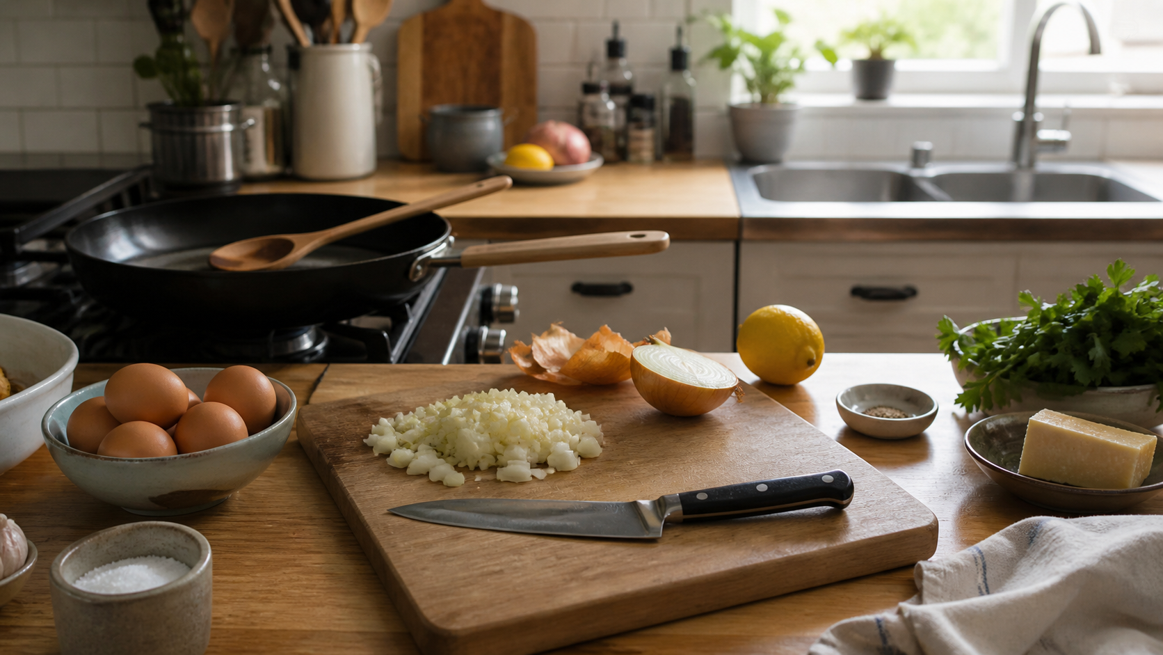 An approachable home kitchen workspace with basic tools and ingredients for learning to cook