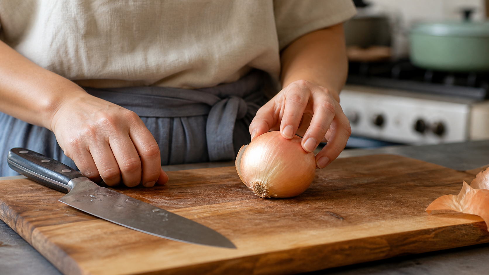 A home cook studying an onion and preparing to use a safe knife grip