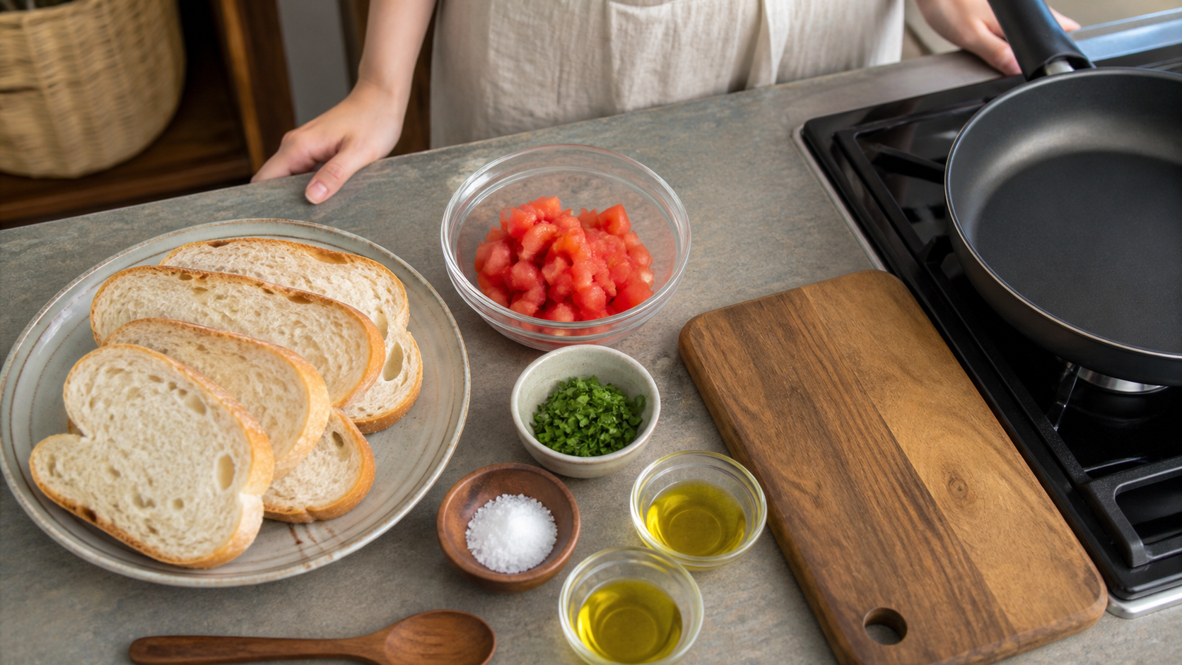 Prepared tomato-toast ingredients and tools arranged in the order they will be used