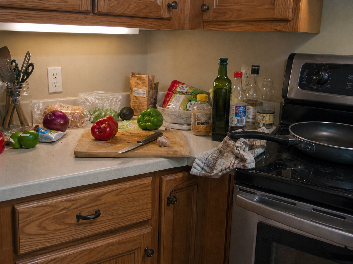 A cluttered home-kitchen workspace that is not ready for safe preparation