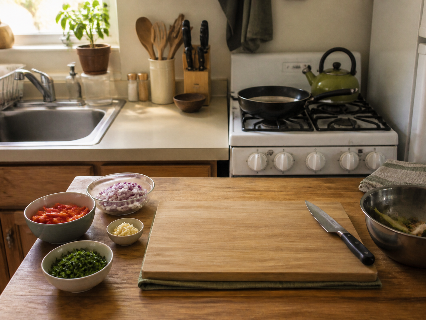 A simple organized home-kitchen workspace ready for safe preparation